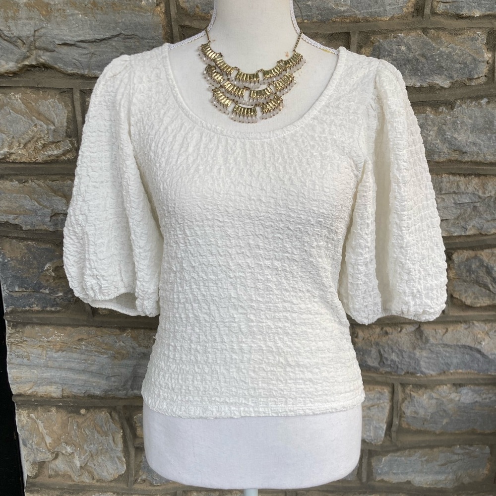 MAUVE x Anthropologie White Balloon-Sleeve Textured Top Cottagecore Resort - Picture 8 of 15